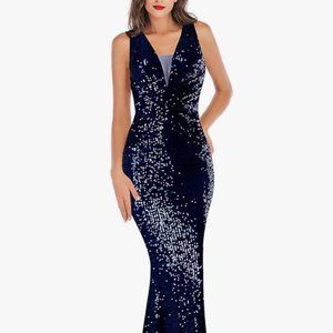 A ARFAR Sequin Party V-Neck Sleeveless Mermaid Maxi Dress Navy M